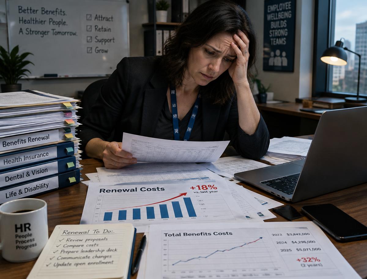 An HR manager stressed over renewal paperwork and rising costs