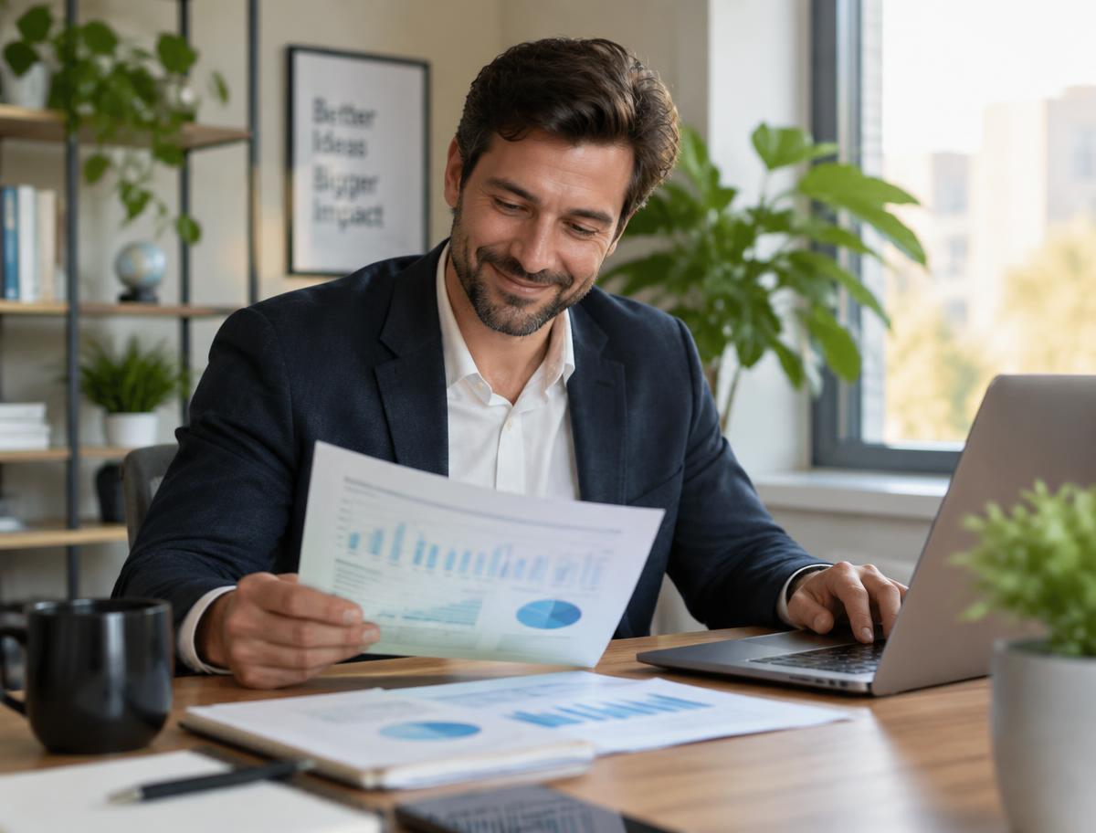 A business owner at his desk reviewing reports, relieved